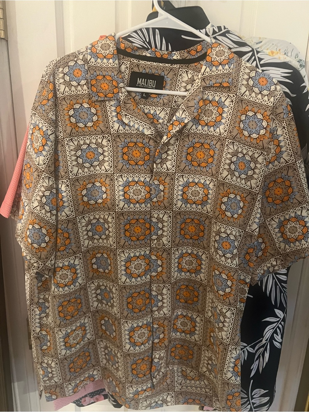 Malibu Men's Brown Polo with Orange and Light Blue Tile Print
